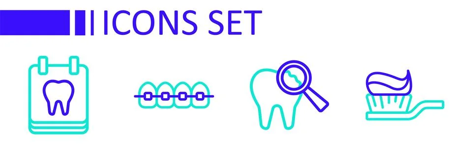 Set line Toothbrush with toothpaste, Broken, Teeth braces and Calendar icon.. Illustrazione stock