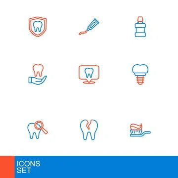Set line Toothbrush with toothpaste, Broken, Dental implant, clinic locatio.. Stock Illustration