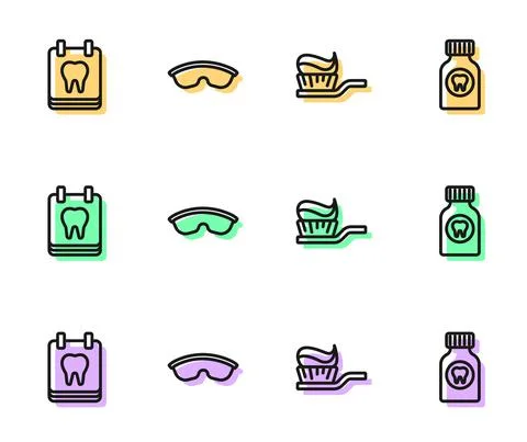 Set line Toothbrush with toothpaste, Calendar, Safety goggle glasses and イラスト素材