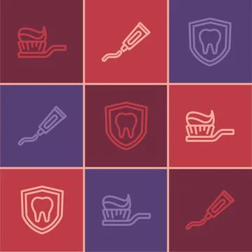 Set line Toothbrush with toothpaste, Dental protection and Tube of icon. Vector Stock Illustration