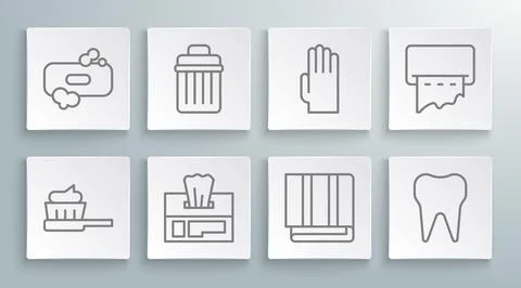 Set line Toothbrush with toothpaste, Trash can, Wet wipe pack, Towel stack,.. Stock Illustration