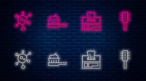Set line Toothbrush with toothpaste, Wet wipe pack, Virus and Hairbrush. Glowing 库存插图