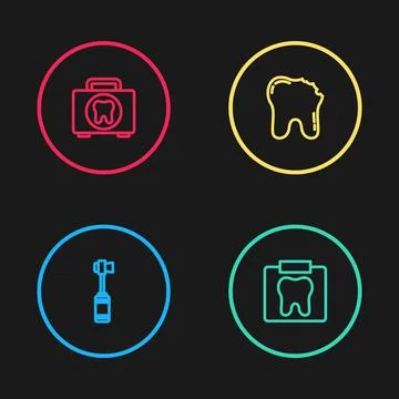 Set line Toothbrush, X-ray of tooth, Broken and First aid kit icon. Vector Stock Illustration