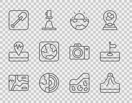 Set line Topographic map, Volcano, Earth core structure crust, Shovel, glob.. Stock Illustration