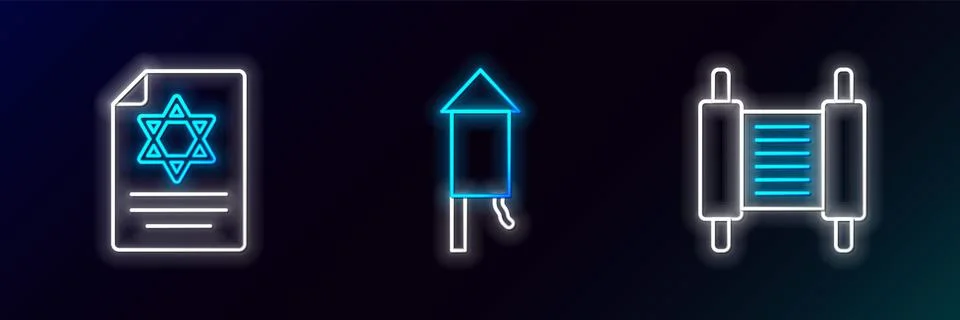 Set line Torah scroll, and Firework rocket icon. Glowing neon. Vector Stock Illustration