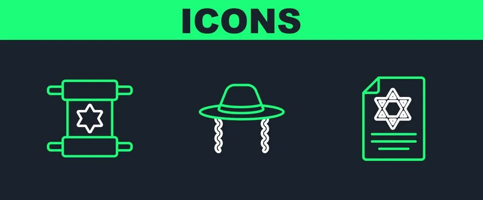 Set line Torah scroll,  and Orthodox jewish hat icon. Vector Stock Illustration