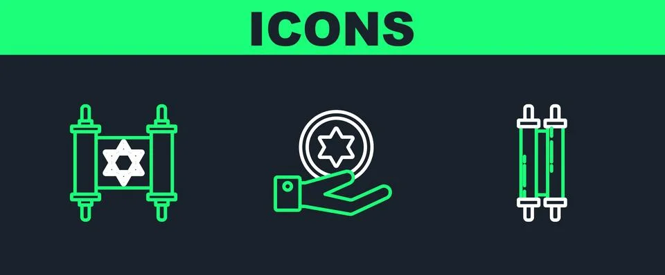 Set line Torah scroll,  and Jewish coin on hand icon. Vector Illustrazione stock