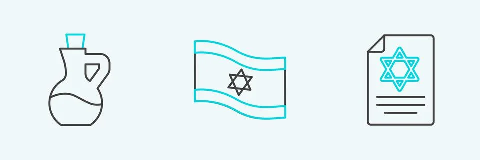 Set line Torah scroll, Bottle of olive oil and Flag Israel icon. Vector Illustrazione stock