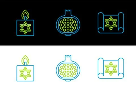 Set line Torah scroll, Burning candle and Pomegranate icon. Vector Illustrazione stock