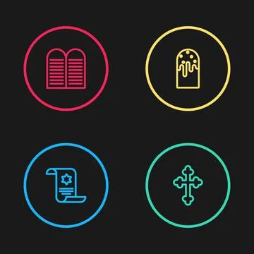Set line Torah scroll, Christian cross, Easter cake and The commandments icon Stock Illustration