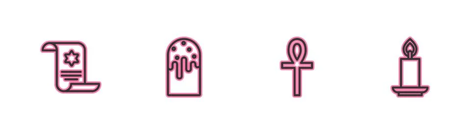 Set line Torah scroll, Cross ankh, Easter cake and Burning candle icon. Vector Illustrazione stock