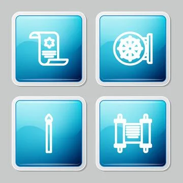 Set line Torah scroll, Dharma wheel, Burning candle and Decree, paper, parchment Illustrazione stock