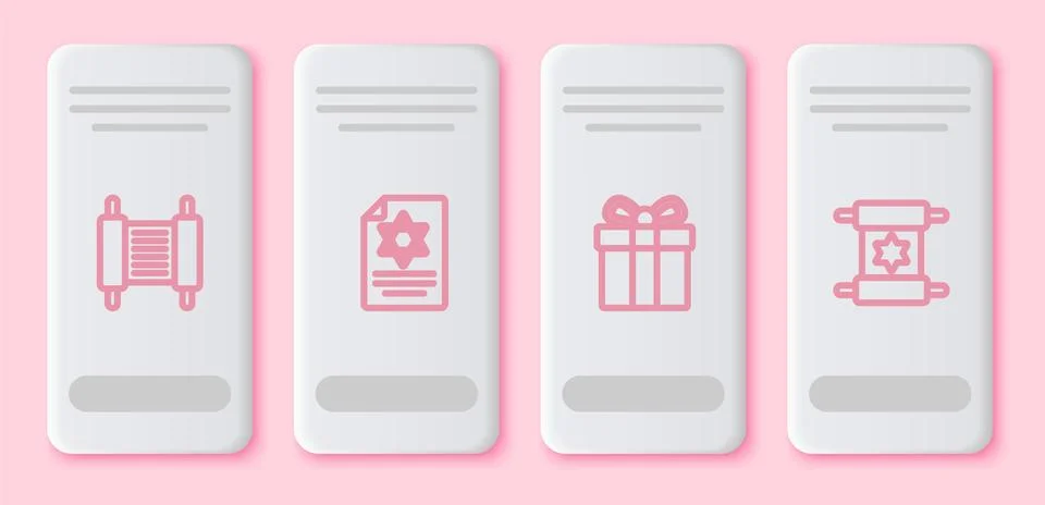 Set line Torah scroll, , Gift box and . White rectangle button. Vector Stock Illustration