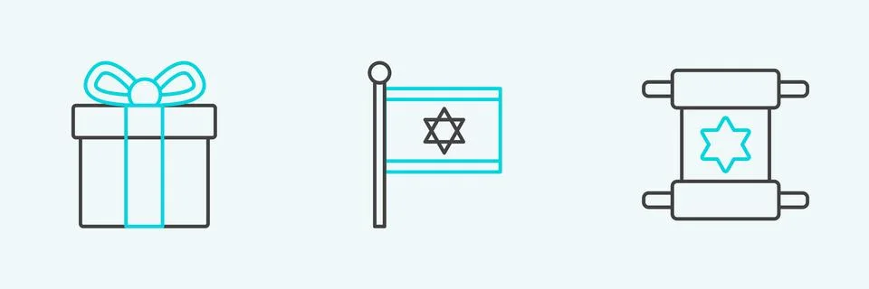 Set line Torah scroll, Gift box and Flag of Israel icon. Vector Stock Illustration