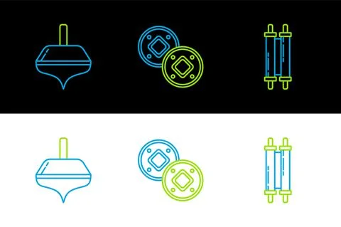 Set line Torah scroll, Hanukkah dreidel and Jewish coin icon. Vector Stock Illustration