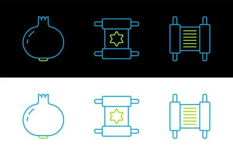Set line Torah scroll, Pomegranate and icon. Vector Illustrazione stock