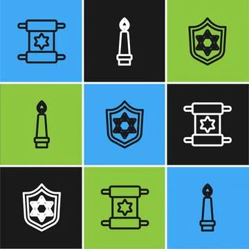 Set line Torah scroll, Shield with Star of David and Burning candle icon. Vector Stock Illustration
