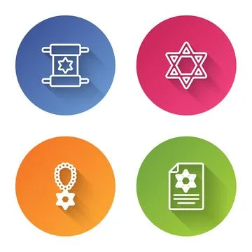 Set line Torah scroll, Star of David, necklace on chain and . Color circle Stock Illustration