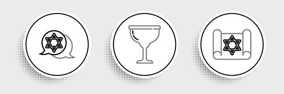 Set line Torah scroll, Star of David and Jewish goblet icon. Vector Illustrazione stock