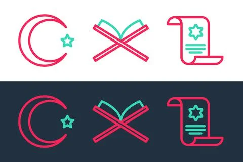Set line Torah scroll, Star and crescent and Holy book of Koran icon. Vector Stock Illustration