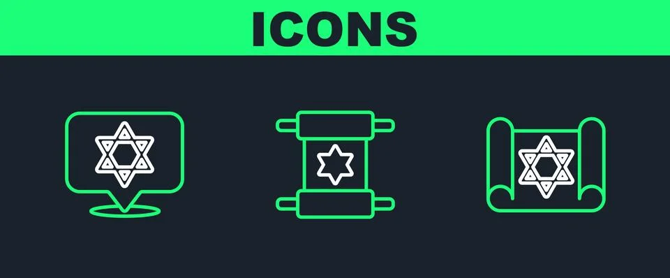 Set line Torah scroll, Star of David and  icon. Vector Illustrazione stock