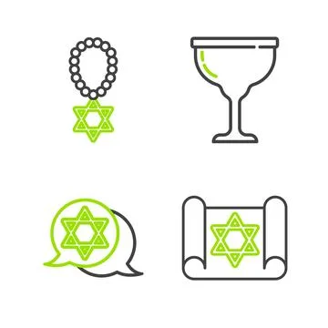 Set line Torah scroll, Star of David, Jewish goblet and necklace on chain i.. Stock Illustration