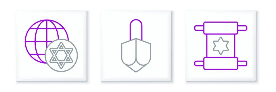 Set line Torah scroll, World Globe and Israel and Hanukkah dreidel icon. Vector Stock Illustration