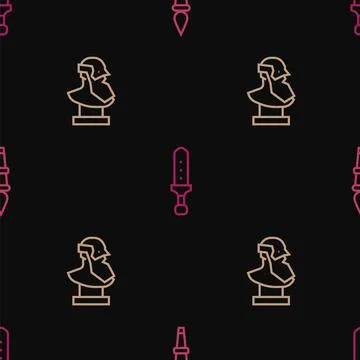 Set line Torch flame, Ancient bust sculpture and Medieval sword on seamless 스톡 일러스트