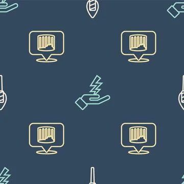 Set line Torch flame, Ancient column and Zeus on seamless pattern. Vector Stock Illustration