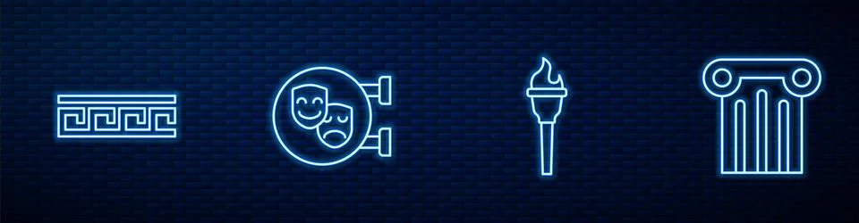 Set line Torch flame, Ancient Greek pattern, Comedy and tragedy masks and column Stock Illustration
