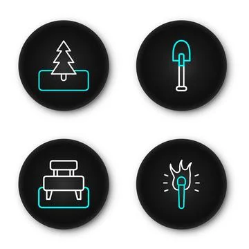 Set line Torch flame, Bench, Shovel and Tree icon. Vector Ilustración de archivo