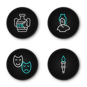 Set line Torch flame, Comedy and tragedy masks, Ancient bust sculpture and .. Stock Illustration