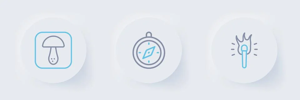 Set line Torch flame, Compass and Mushroom icon. Vector Stock Illustration