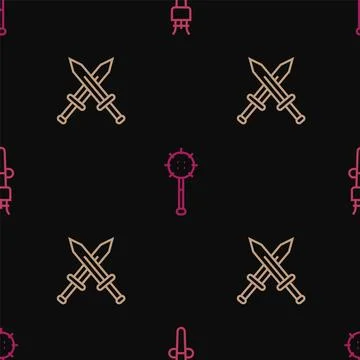 Set line Torch flame, Crossed medieval sword and Medieval chained mace ball.. イラスト素材