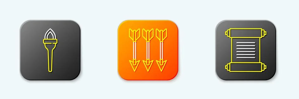 Set line Torch flame, Crossed arrows and Decree, parchment, scroll icon. Vect Stock Illustration