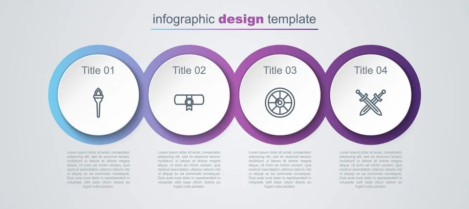 Set line Torch flame, Decree, parchment, scroll, Round wooden shield and Crossed Illustrazione stock
