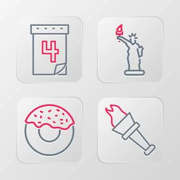 Set line Torch flame, Donut, Statue of Liberty and Calendar with date July 4 Ilustración de archivo