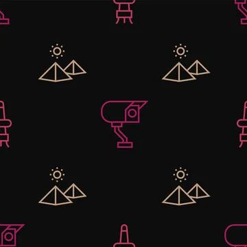 Set line Torch flame, Egypt pyramids and Security camera on seamless pattern Stock Illustration