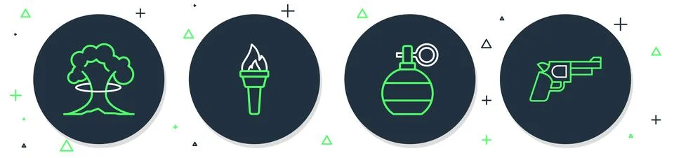 Set line Torch flame, Hand grenade, Nuclear explosion and Pistol gun icon イラスト素材