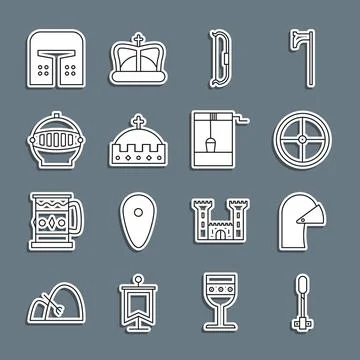 Set line Torch flame, Medieval iron helmet, Round wooden shield, bow, King crown Ilustración de archivo