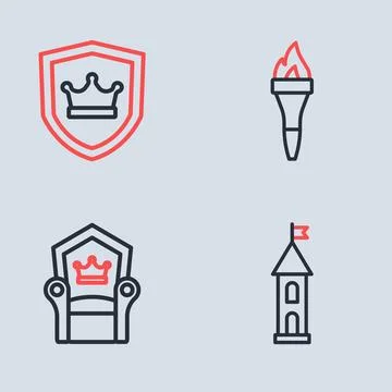 Set line Torch flame, Medieval throne, Castle tower and Shield with crown i.. Illustrazione stock