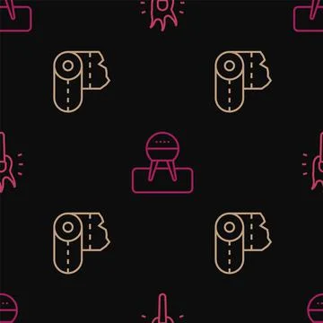 Set line Torch flame, Paper towel roll and Barbecue grill on seamless pattern Illustrazione stock