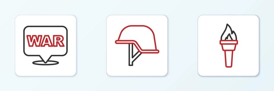 Set line Torch flame, The word war and Military helmet icon. Vector Stock Illustration