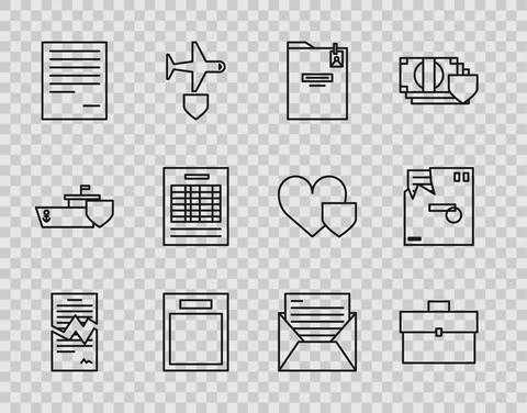 Set line Torn contract, Briefcase, Personal folder, Empty form, Document, Report Stock Illustration