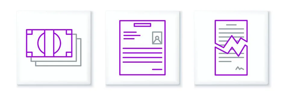 Set line Torn contract, Stacks paper money cash and Personal document icon... Illustrazione stock