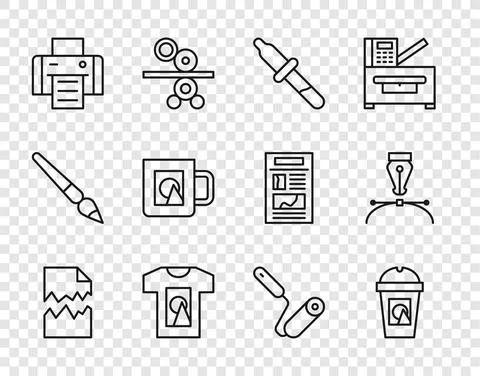 Set line Torn document, Coffee cup to go, Pipette, T-shirt, Printer, Paint Stock Illustration