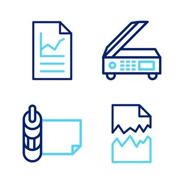 Set line Torn document, Roll of paper, Scanner and Document with graph char.. Stock Illustration