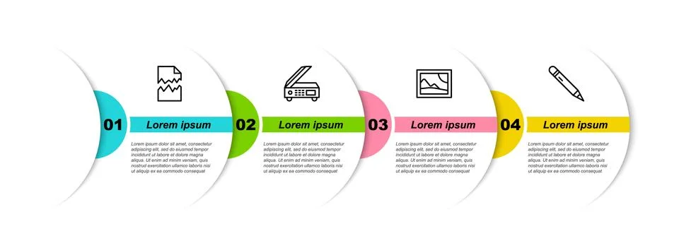 Set line Torn document, Scanner, Picture landscape and Pencil with eraser Stock Illustration