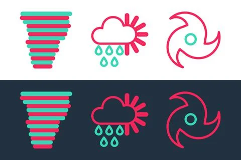 Set line Tornado, and Cloudy with rain and sun icon. Vector Stock Illustration
