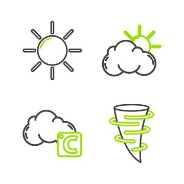 Set line Tornado, Celsius and cloud, Sun weather and  icon. Vector Stockillustratie
